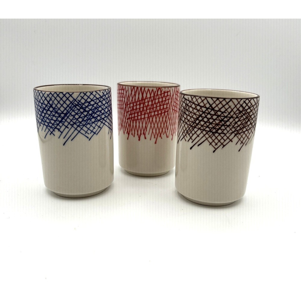 Set of 3 Modern Porcelain Tumblers Crosshatch Design Red Blue Brown Tea Cups